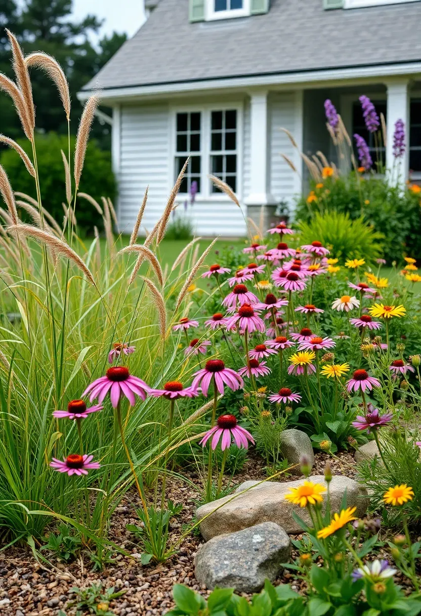 Hyper-realistic 3/4 view of a wildflower meadow front yard with swaying native grasses, purple coneflowers, black-eyed susans, and bee balm creating natural tapestry. Materials: indigenous perennials, natural mulch, occasional decorative boulder. Soft overcast light for even illumination, rainbow of native blooms in gold, purple, pink, orange. Informal flowing layout with plants spilling onto walkway edges. Visible farmhouse-style home with white siding. No text, no logos, no watermarks.</p>