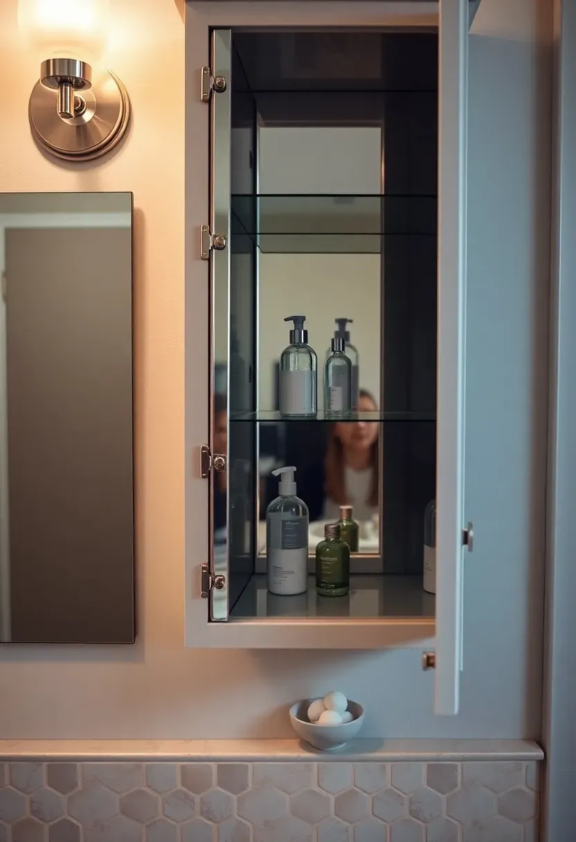 Tall narrow medicine cabinet tower with multiple shelved compartments mounted on a bathroom wall