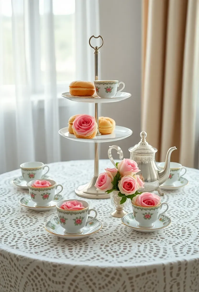 elegant tea party baby shower with tiered porcelain stands floral teacups lace tablecloth finger sandwiches scones and a vintage teapot centerpiece