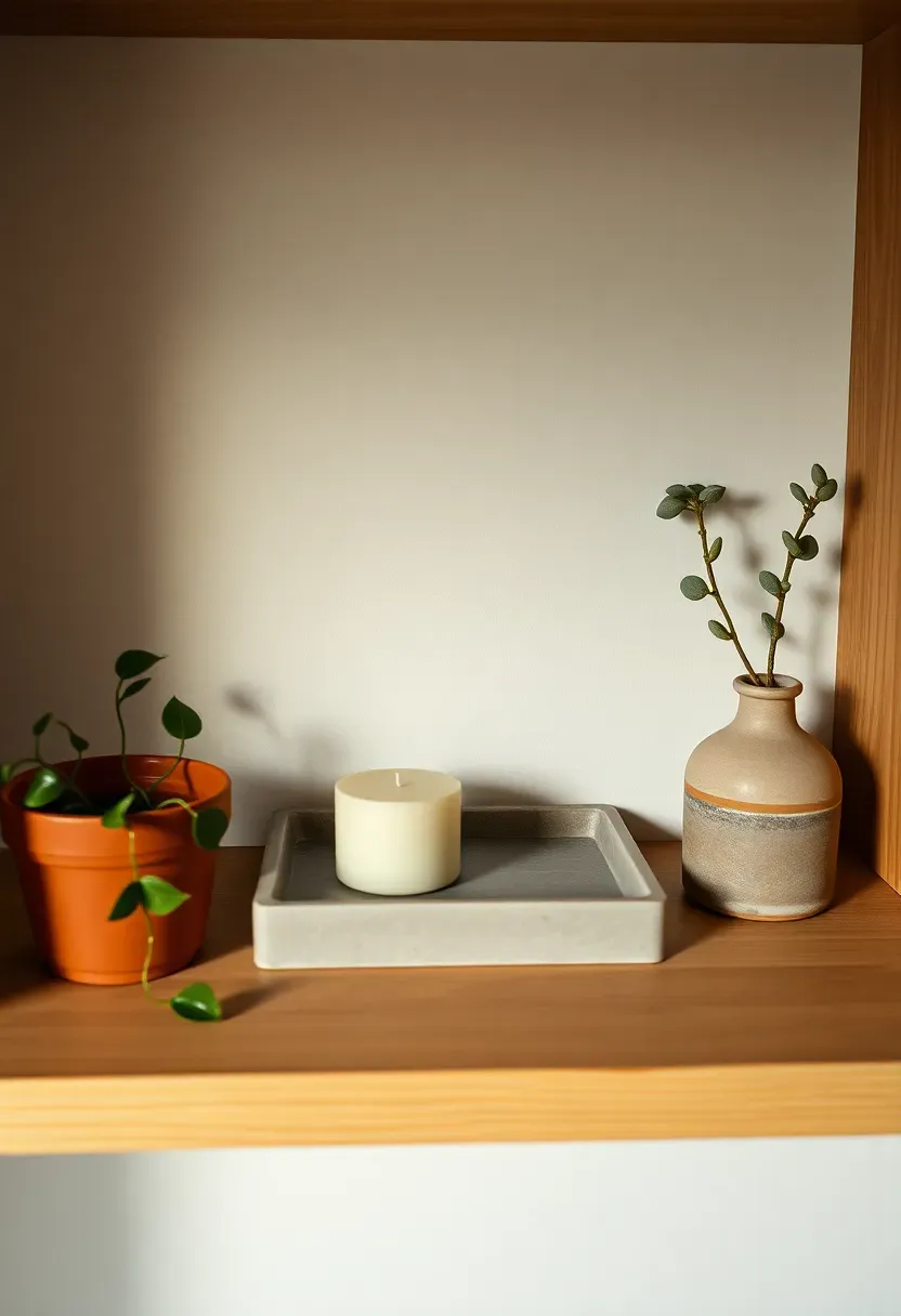 Styled bedroom dresser with a trailing pothos plant, a single framed print, a ceramic tray with a candle and small object — minimal and curated