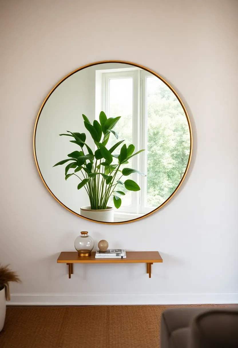 Hyper-realistic 3/4 view of tiny house living room with large round brass-framed mirror opposite window reflecting greenery. Materials: antique brass frame, clear mirror glass, light grey walls, natural jute rug. Soft natural daylight creating mirror reflection of potted plant and window. Minimal floating shelf below mirror with small decor. Warm metallic highlights on brass frame. Shallow depth of field, sharp brass texture detail. No text, no logos, no watermarks.</p>