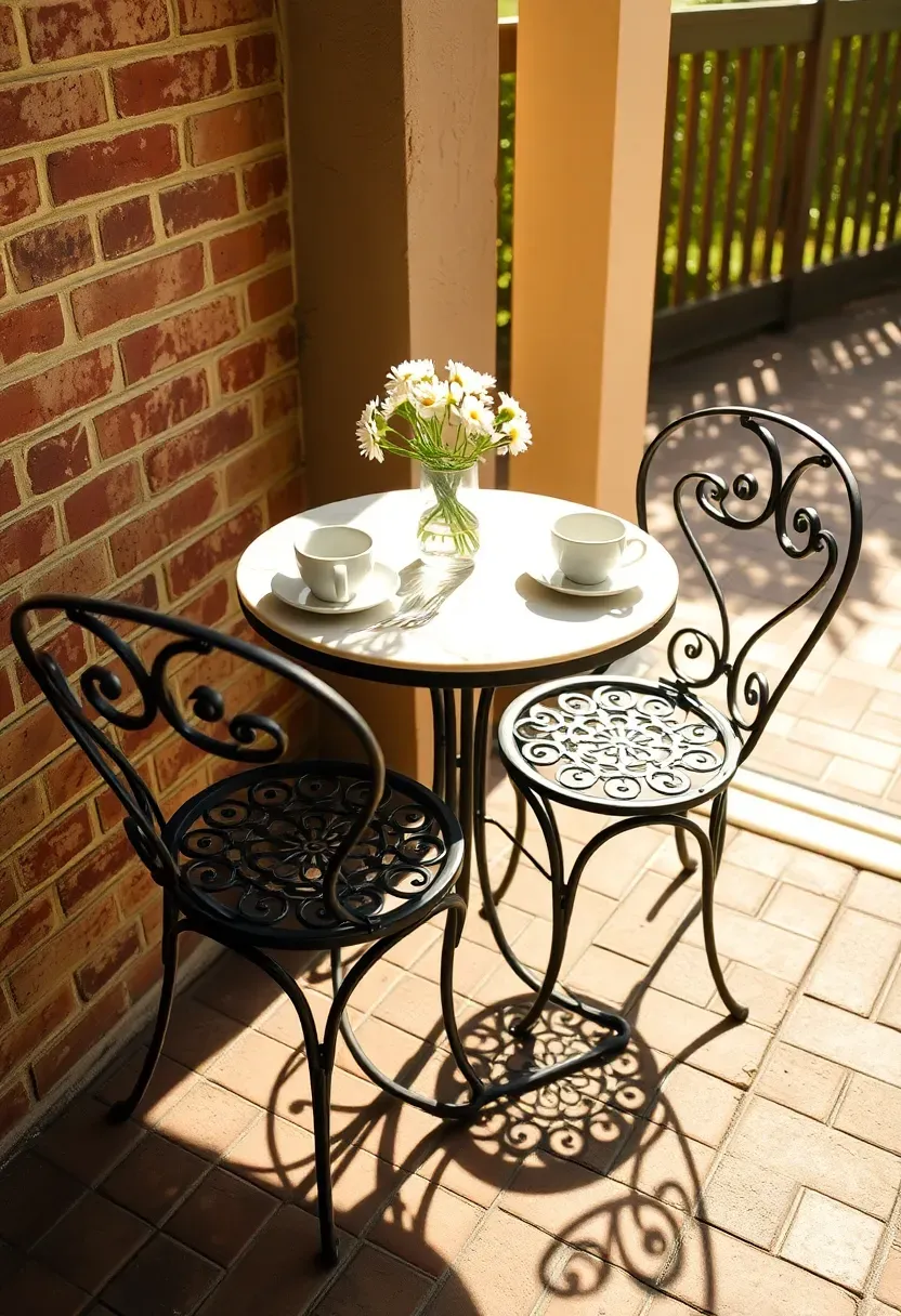 Small cafe bistro table and chairs on a sunny porch corner with espresso cups and fresh flowers