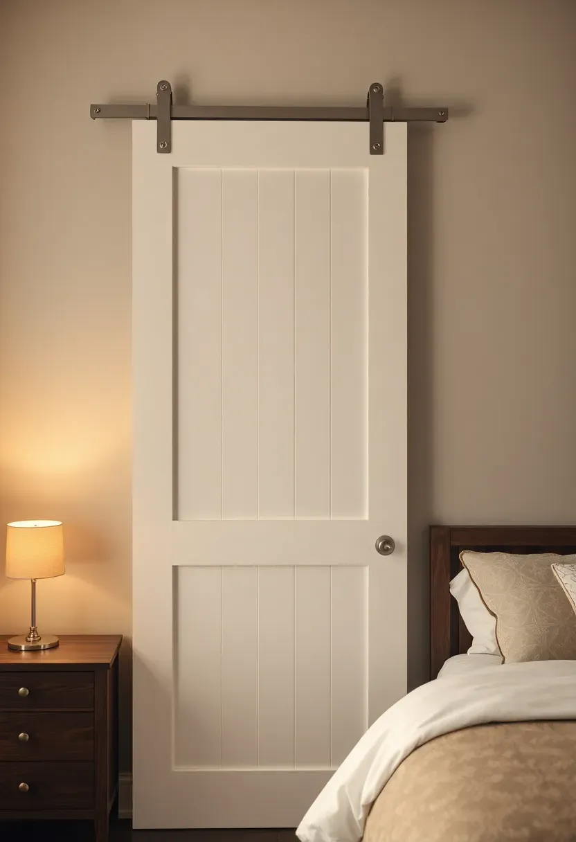 White Shaker style barn door with recessed center panel on a brushed nickel track next to a bedroom nightstand