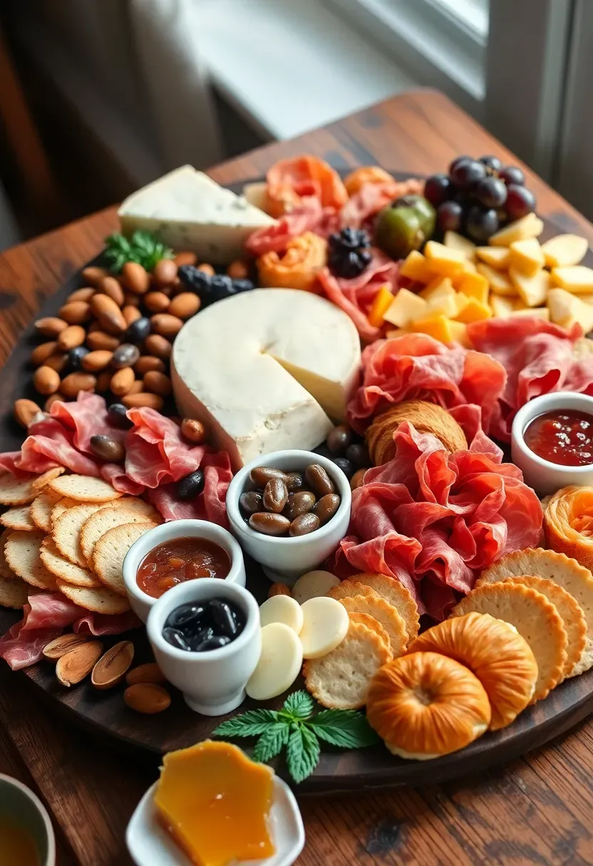 baby shower brunch charcuterie board with artisan cheeses cured meats dried fruits crackers nuts and preserves arranged on a large wooden board with fresh herbs