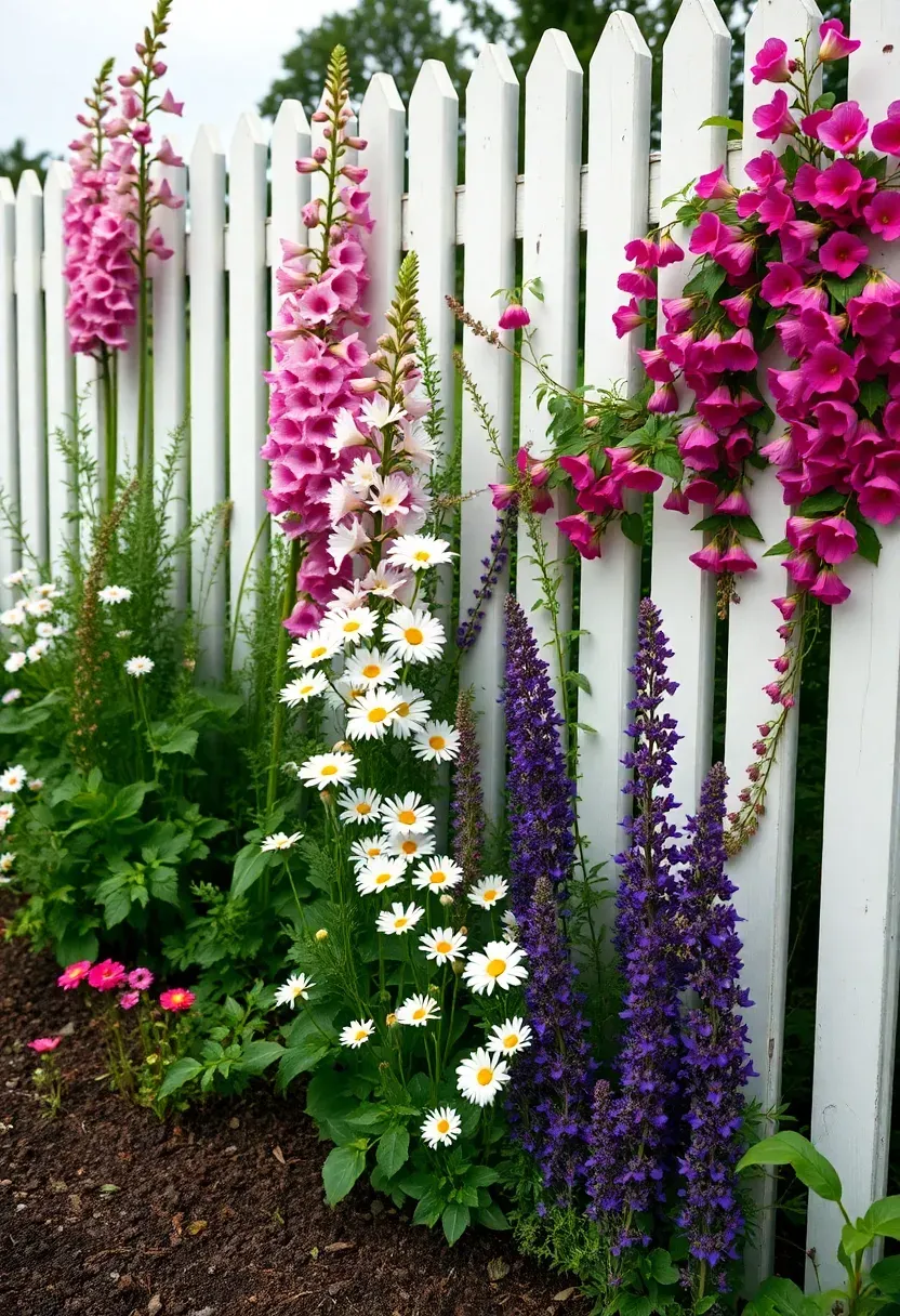A cottage-style flower border overflowing with pink foxgloves, white daisies, and purple salvia along a picket fence