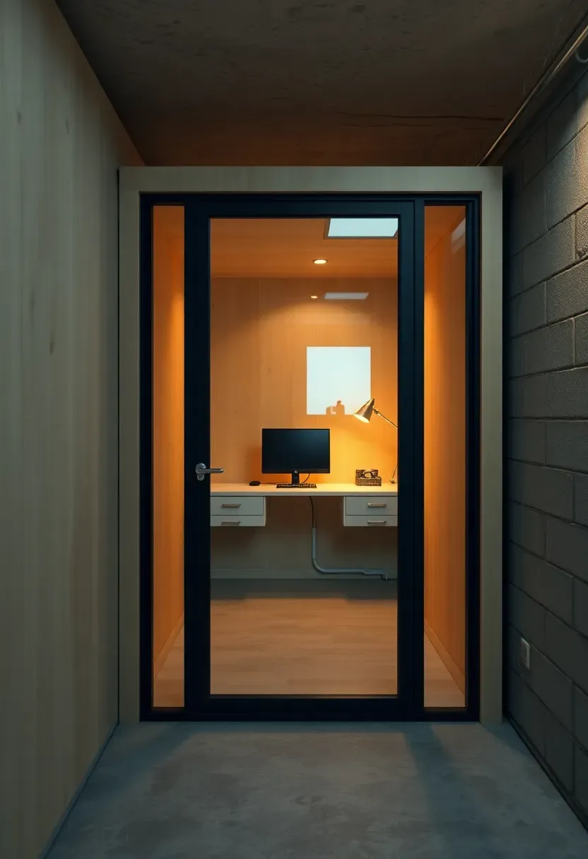 Small enclosed pod office structure inside a larger basement room, with glass door, interior desk, and separate lighting