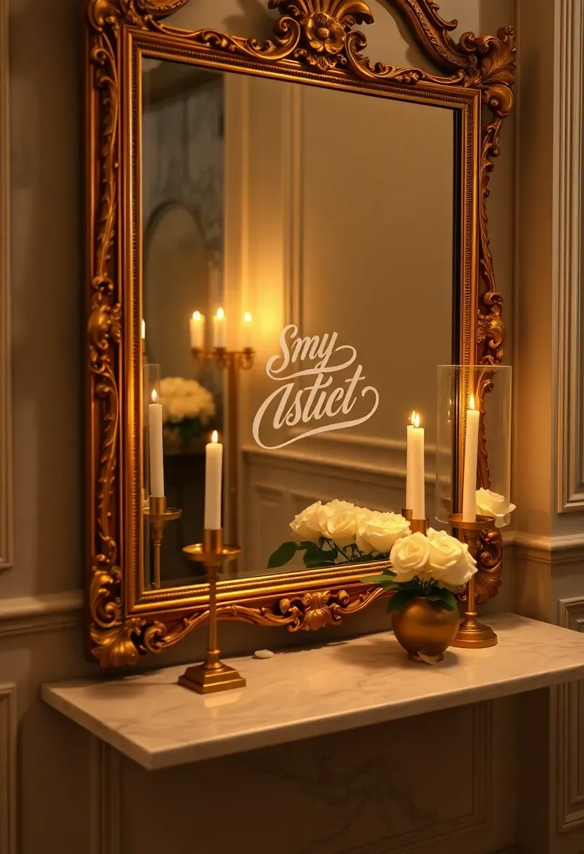 vintage gold framed mirror with white calligraphy script reading welcome baby shower details at an elegant party entrance with candles and flowers reflected in the glass