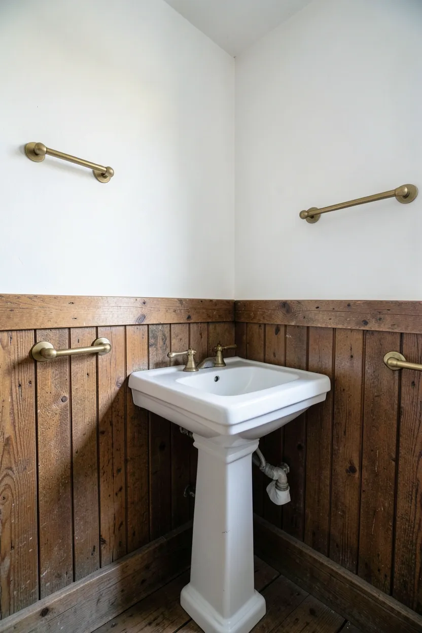Hyper-realistic eye-level photograph of a rustic bathroom with wood panel wainscoting on lower walls, featuring visible grain and aged patina, white paint on upper walls, white pedestal sink, brass faucet, brass towel rail. Natural light. Materials: reclaimed oak wood paneling, white plaster, white ceramic sink, brass fixtures. Rustic wood wainscoting. Authentic wood grain details. No text, no logos, no watermarks.</p>