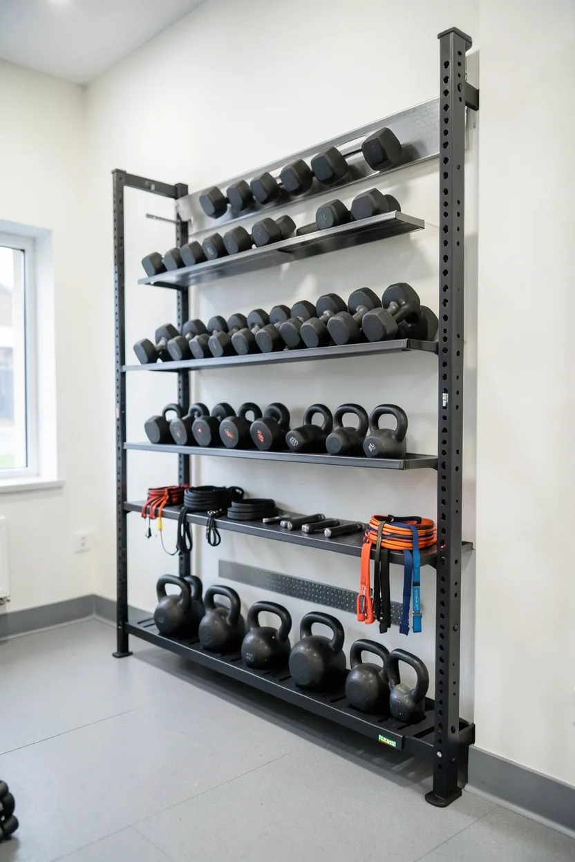 Wall-mounted vertical storage rack holding dumbbells and kettlebells in a small home gym spare room
