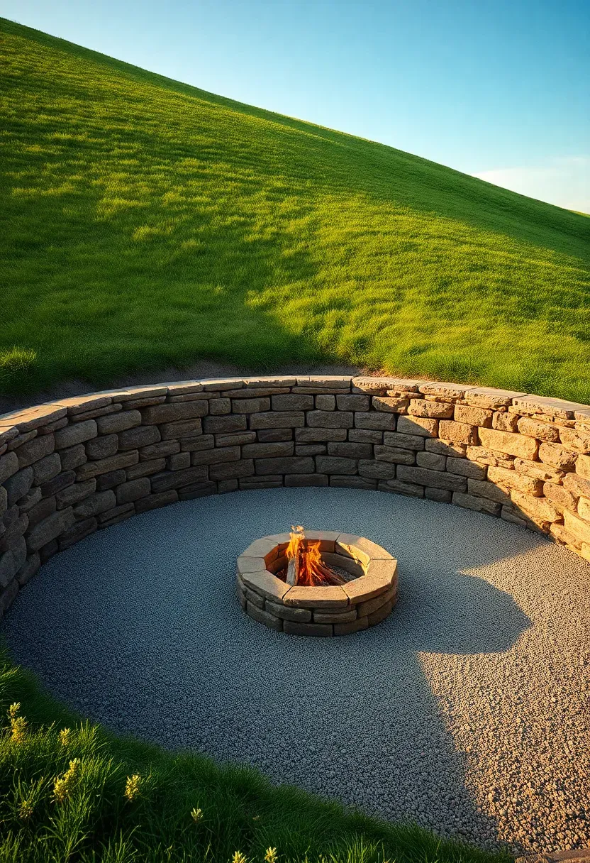 A hillside fire pit terrace carved into a slope with stone retaining walls and gravel seating area