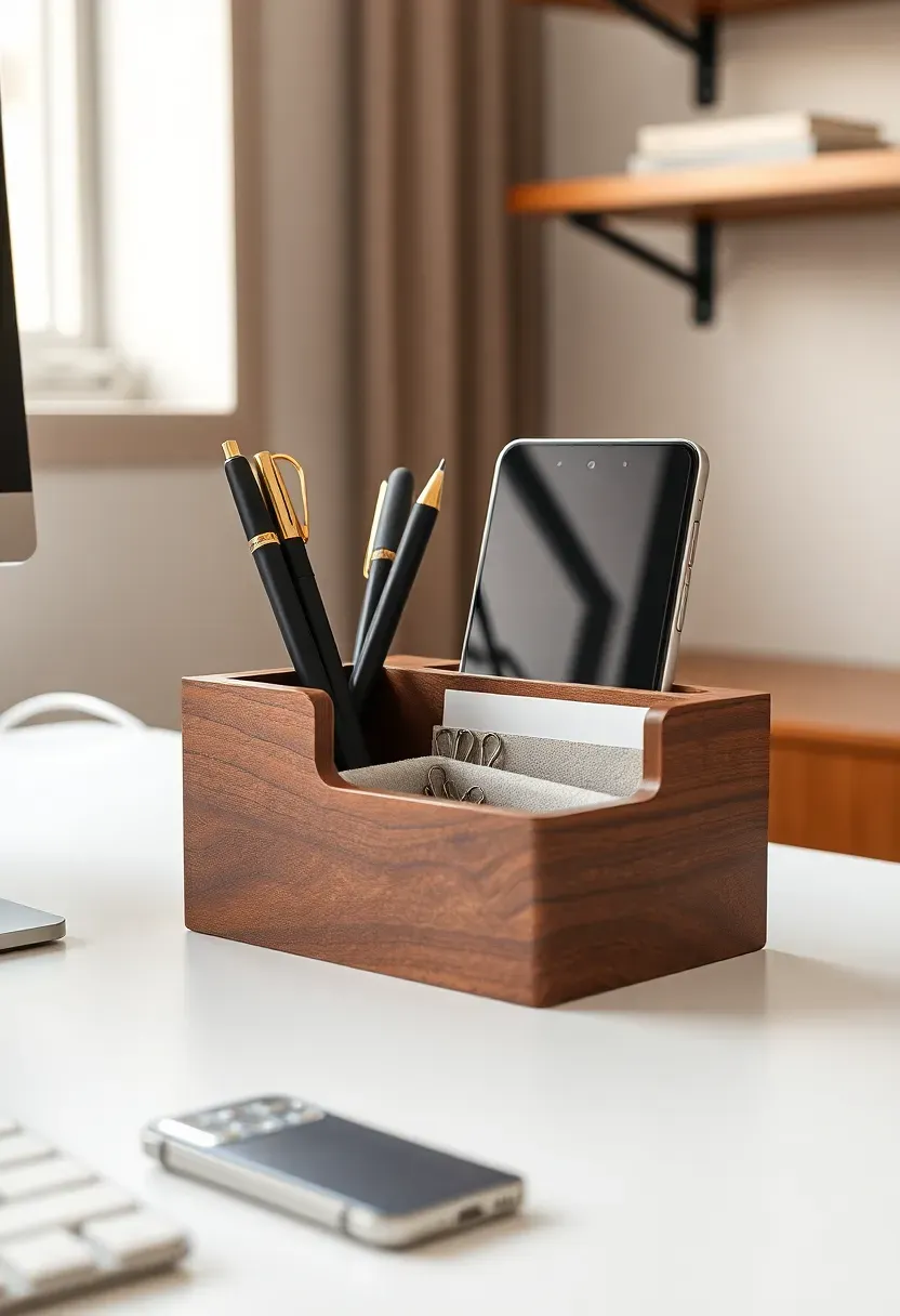 Walnut and brass desk organizer holding pens, paper clips, and a phone on a tidy modern desk