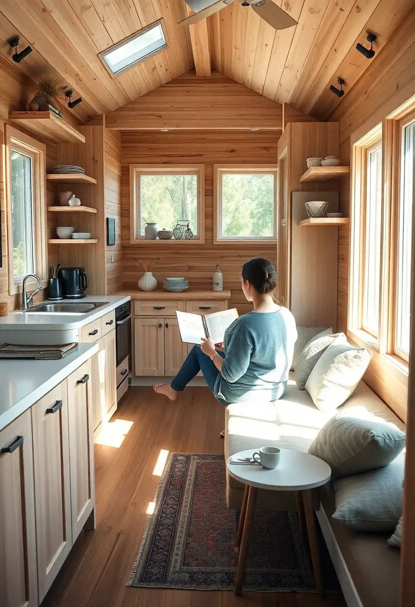 Hyper-realistic interior view of tiny house kitchen and living area showing person relaxing with book on comfortable built-in seating, visible small but functional kitchen space with open shelving and compact appliances. Materials: light wood cabinets, white countertops, wood floor with small colorful rug, linen cushions on built-in bench with throw pillows. Natural morning light streaming through windows creating bright cheerful atmosphere, person visible from back reading book with coffee cup on small table nearby. Shallow depth of field focusing on person and book, kitchen visible in background showing compact but organized space with few dishes visible. Peaceful relaxed living atmosphere. No text, no logos, no watermarks.</p>