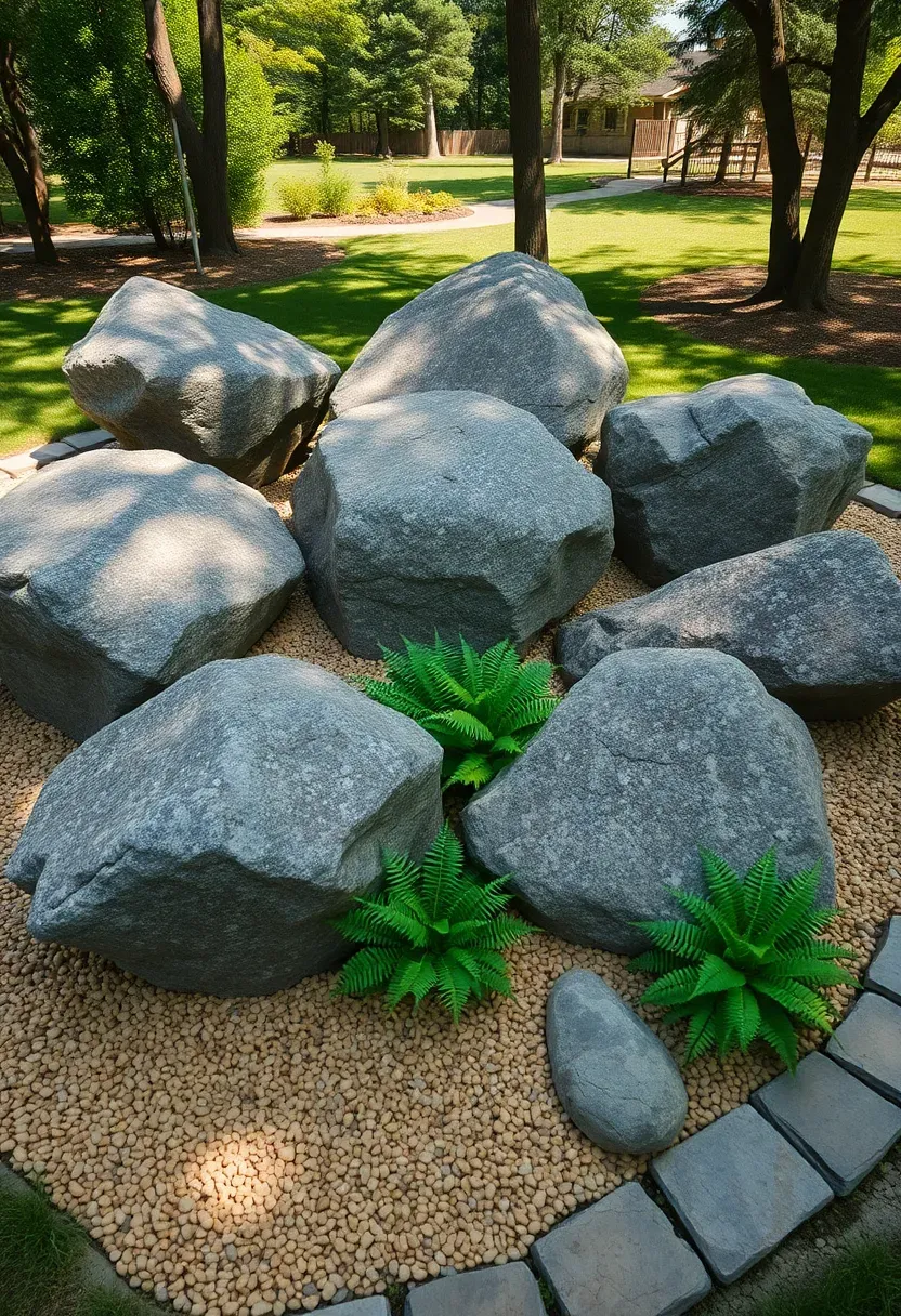 Backyard rock scramble bouldering area with large natural stones arranged in a climbing formation on pea gravel with ferns planted between gaps