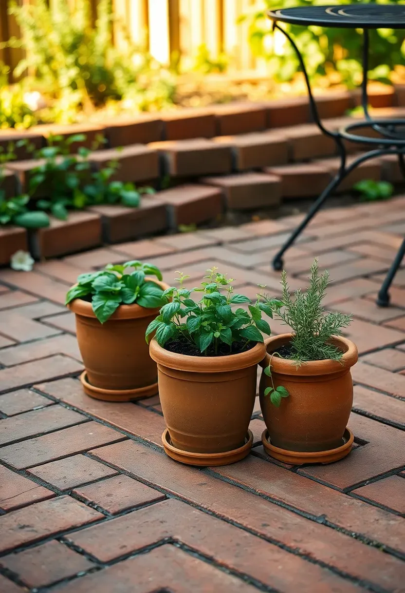 Herringbone pattern red brick pavers on a backyard patio with potted herbs along the edge