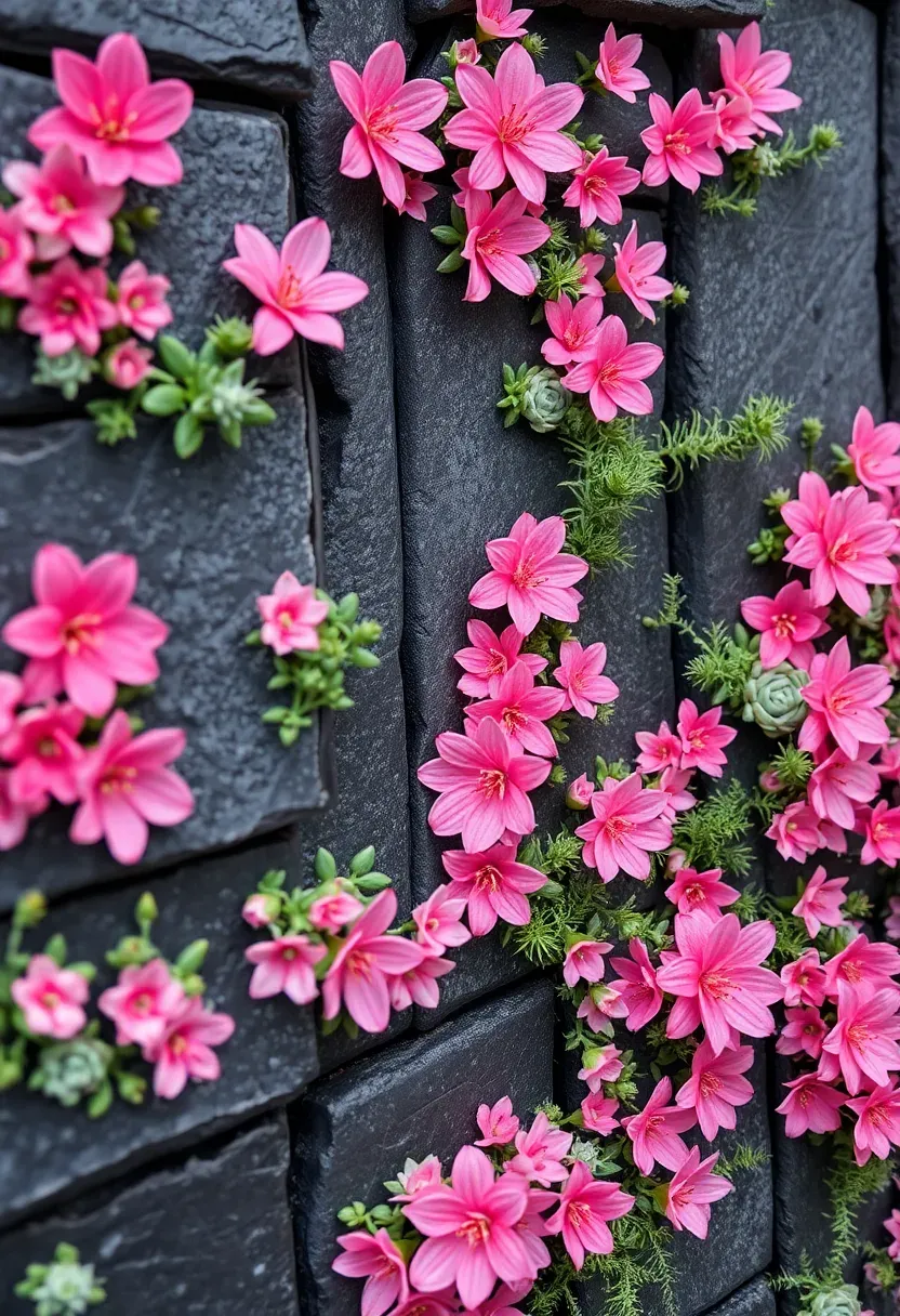 Vertical crevice garden with thin stone slabs set on edge in parallel rows, filled with lewisia, sempervivum, and tiny ferns in a dramatic living wall effect