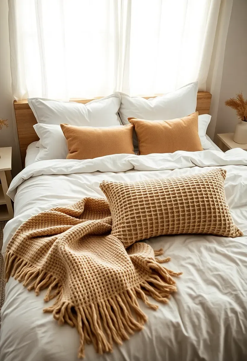 Bed styled with layered textiles — crisp white duvet, linen euro shams, a chunky knit throw, and a mix of cushion sizes
