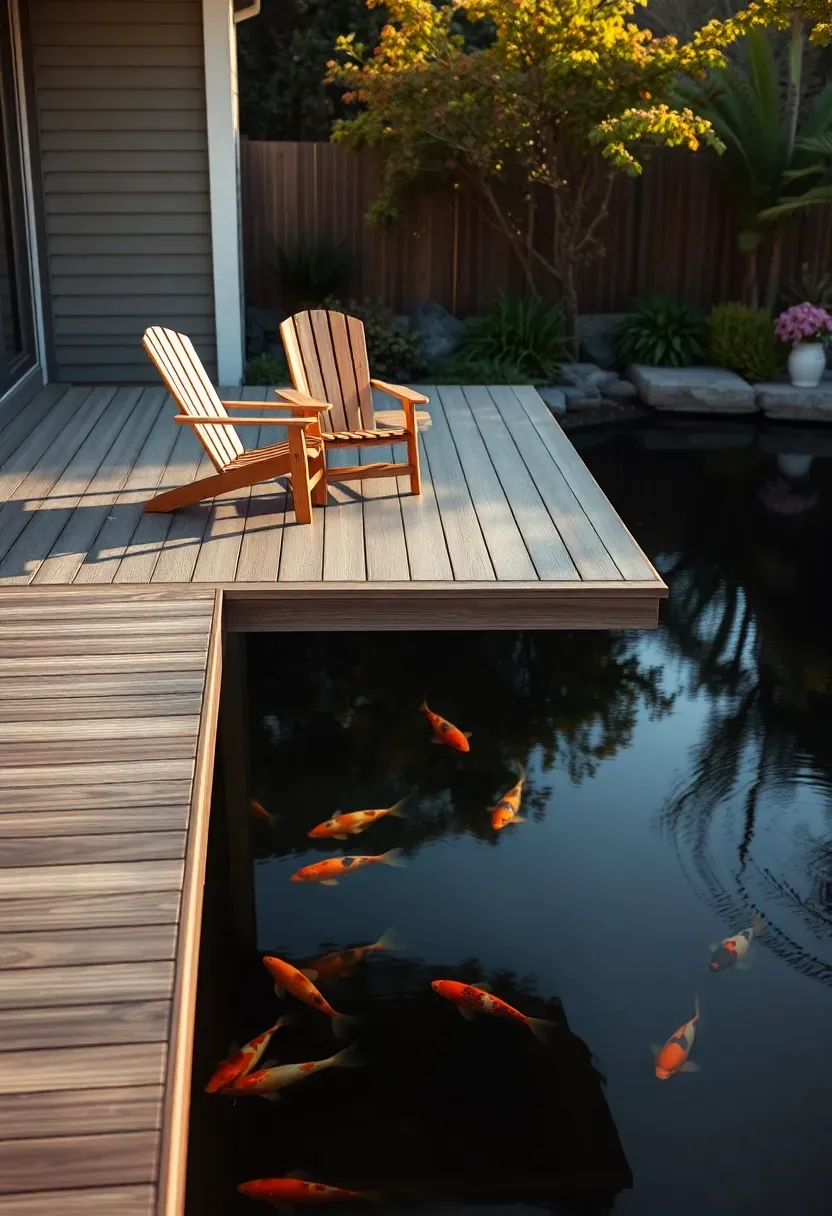 Floating wooden deck platform extending over a large backyard koi pond with chairs and a small table