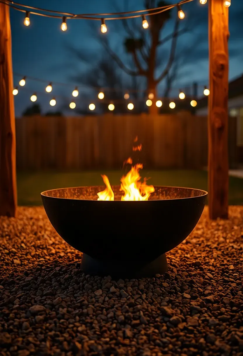 A dark steel fire bowl on a decomposed granite pad with string lights overhead at twilight