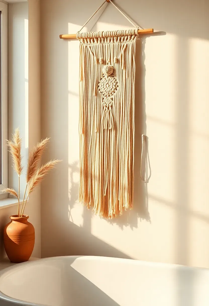 Cream and terracotta woven fiber wall hanging with fringe on a wooden dowel mounted above a bathtub in a boho bathroom