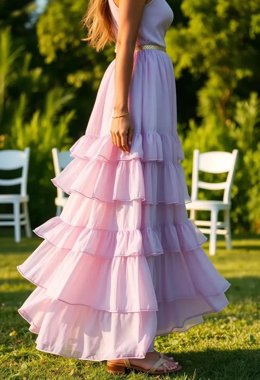 pastel tiered maxi dress in soft lilac flowing gracefully at an outdoor celebration