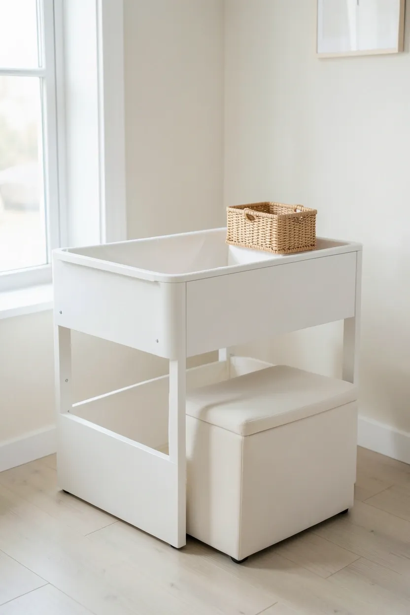 Minimalist bassinet station in master bedroom corner with white storage ottoman and clean modern lines