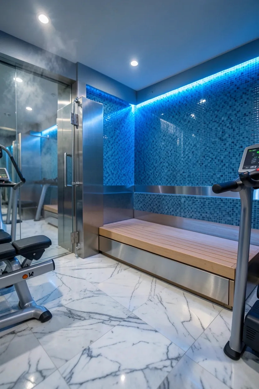 Luxury home gym with steam sauna featuring mosaic ocean blue tile walls, honed marble flooring, and premium brushed stainless equipment