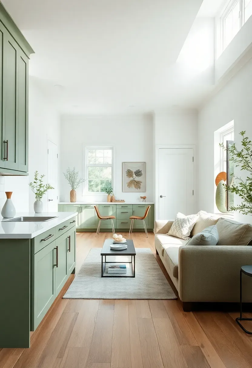 Hyper-realistic wide view of open-plan space combining living room and kitchen, both areas with matte sage green cabinetry, white walls, white countertops, sage sofa in living area. Materials: matte sage green kitchen cabinets and sofa, white walls and counters, oak floor. Natural light, cohesive unified mood. Sage color connecting both zones, shallow depth of field, no text, no logos.</p>