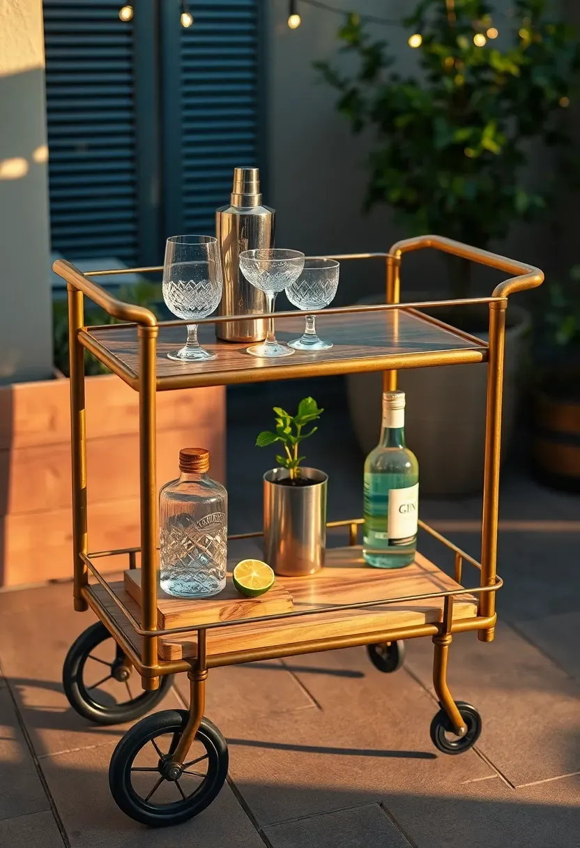 Outdoor bar cart with glasses, a cocktail shaker, and potted herbs on a styled apartment patio