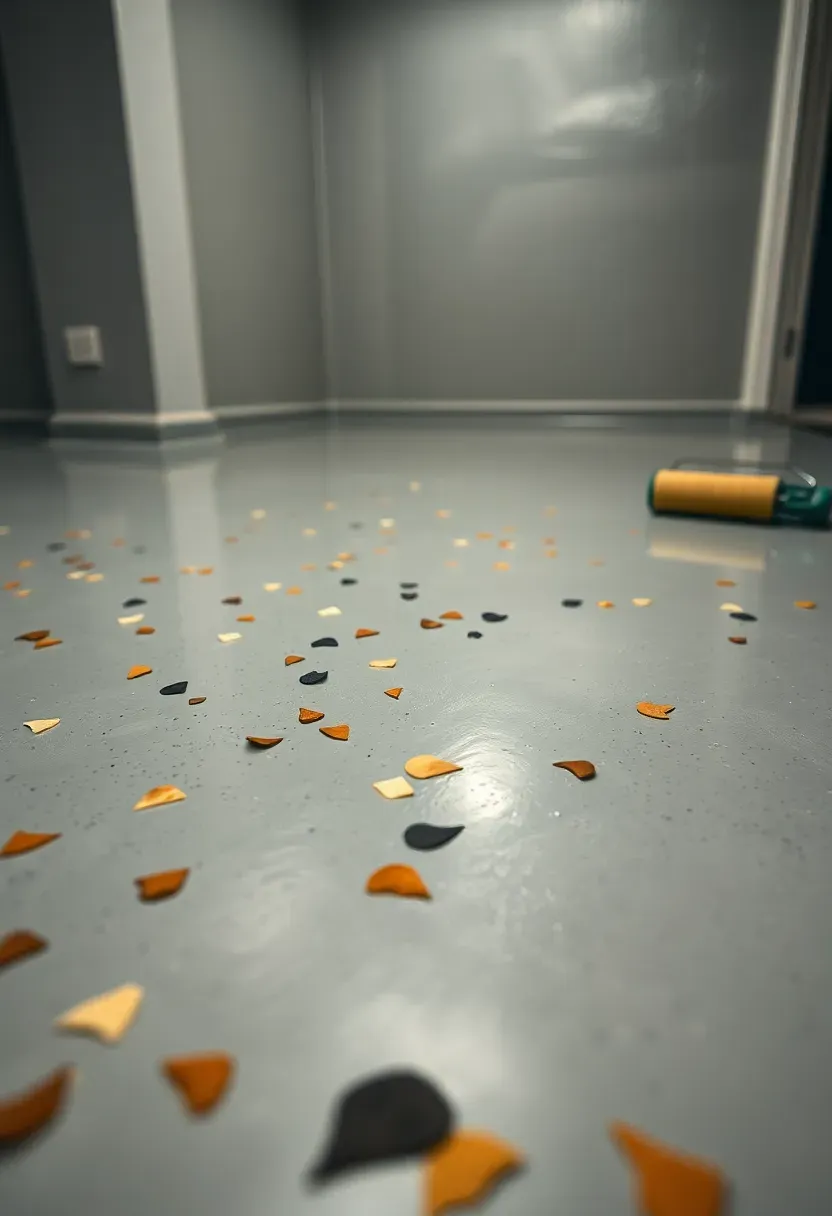Basement floor freshly coated using a Rust-Oleum EpoxyShield kit showing even gray coverage with decorative chips scattered on the surface