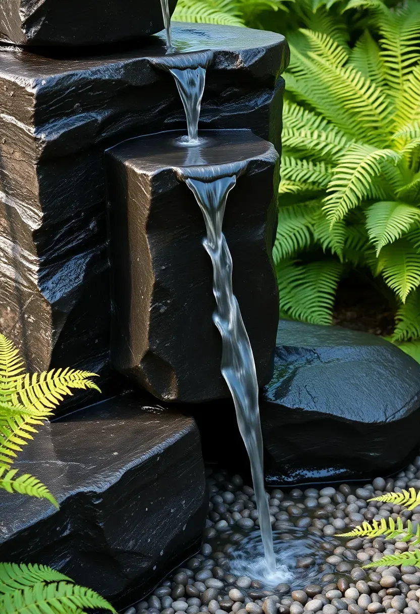 Natural stone recirculating fountain with water flowing over stacked basalt columns into a hidden reservoir surrounded by backyard plantings