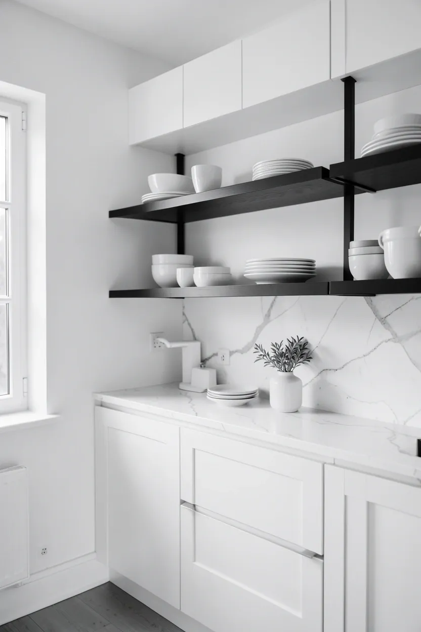 Kitchen sink area with matte black faucet and brushed brass accents, white cabinetry and marble countertops creating a warm and luxurious monochrome kitchen look
