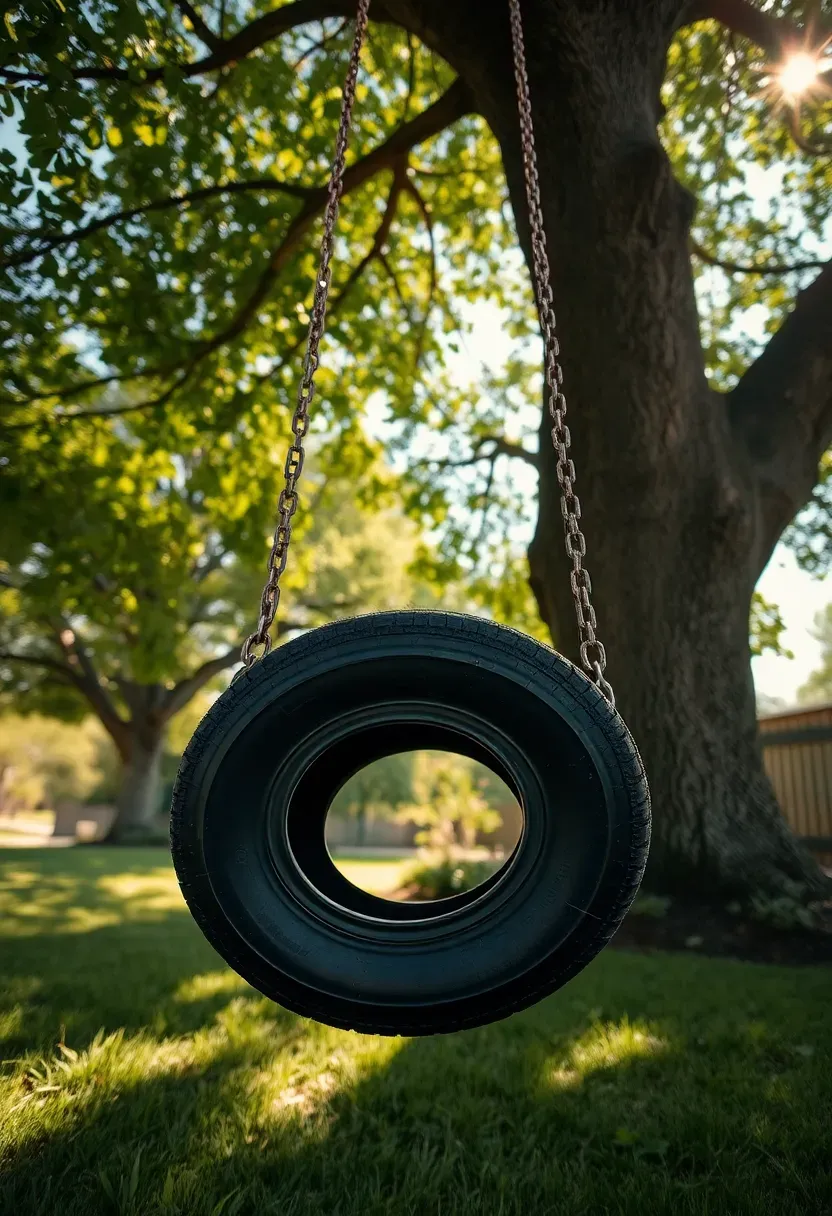 A classic tire swing hanging from a thick oak tree branch on three chains in a grassy backyard, with dappled sunlight filtering through the leaves