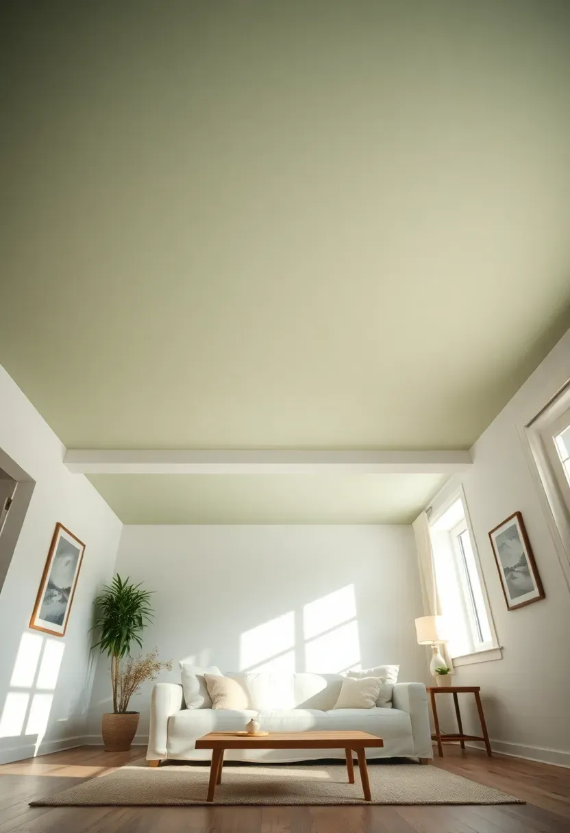 Hyper-realistic upward angled view of living room with sage green ceiling, white walls, white sofa, low furniture, feeling of envelopment. Materials: sage green painted ceiling, white walls, white linen upholstery, light oak floor. Soft ambient light, cozy intimate mood. Ceiling as canopy-like element, shallow depth of field, no text, no logos.</p>