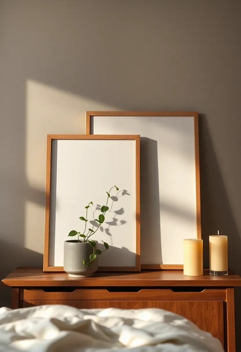 Casually leaning large framed art prints layered against a bedroom wall on a wooden console with smaller frames overlapping in front