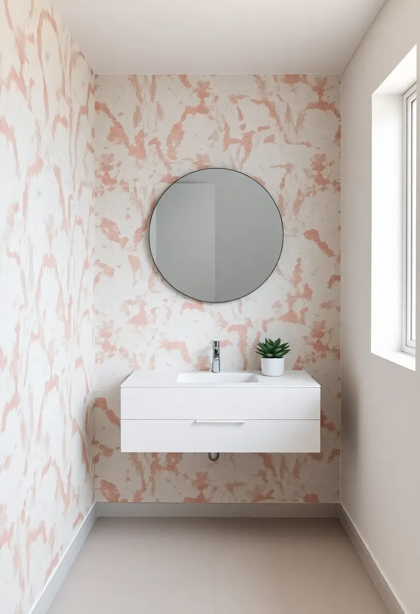 Terrazzo tile accent wall in a bathroom with pink and green chips in white base behind a floating vanity and round mirror