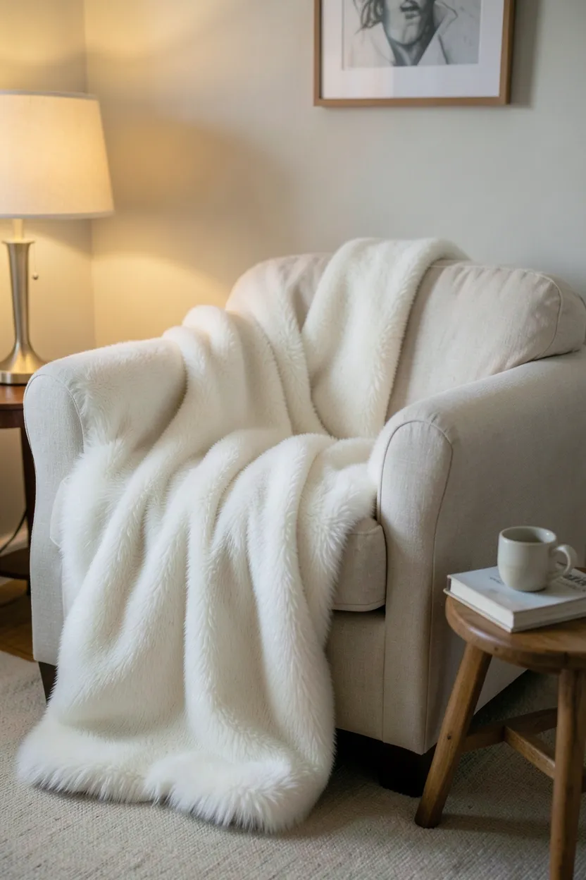 Hyper-realistic eye-level photograph of white faux fur throw blanket folded casually at foot of cream armchair in living room. Fur shows realistic texture with natural variations in pile length and slight sheen. Armchair has linen upholstery in soft beige. Warm ambient light from nearby table lamp catches fur texture. Small wooden stool beside chair with book and ceramic mug. Part of wall with framed art visible. Materials: synthetic faux fur, linen, wood. Luxurious cozy mood. Sharp fur texture details, soft lighting, relaxed composition. No text, no logos, no watermarks.