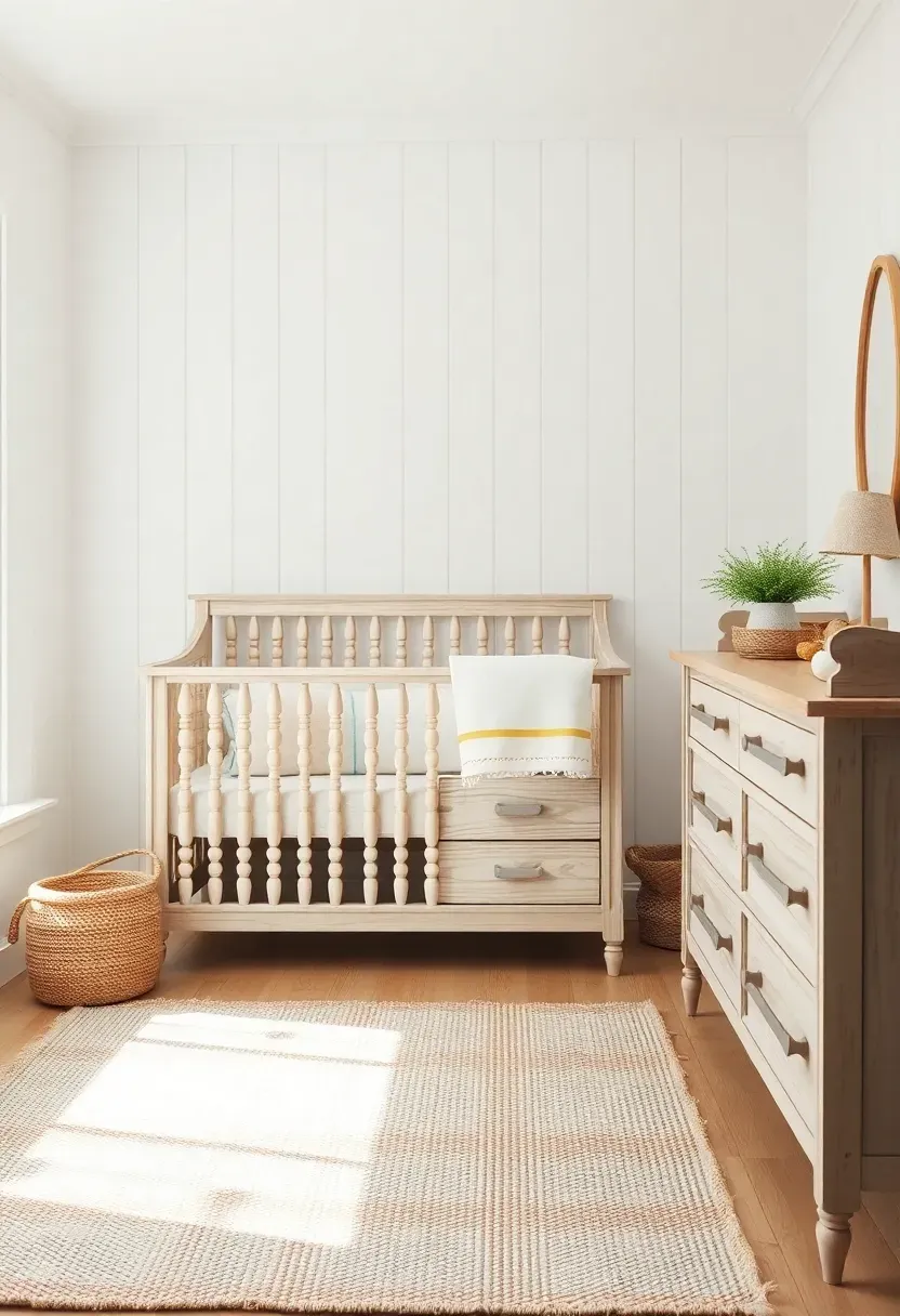 organic farmhouse nursery with white washed wood shiplap walls and cotton textiles
