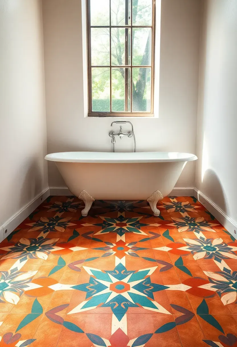 Colorful encaustic cement tiles with Moroccan-inspired geometric pattern on a bathroom floor next to a freestanding tub