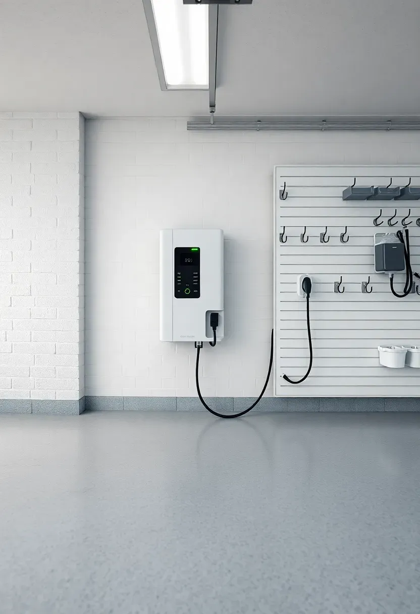 EV-ready attached garage interior with wall-mounted Level 2 charger, clean concrete floor, and organized wall storage