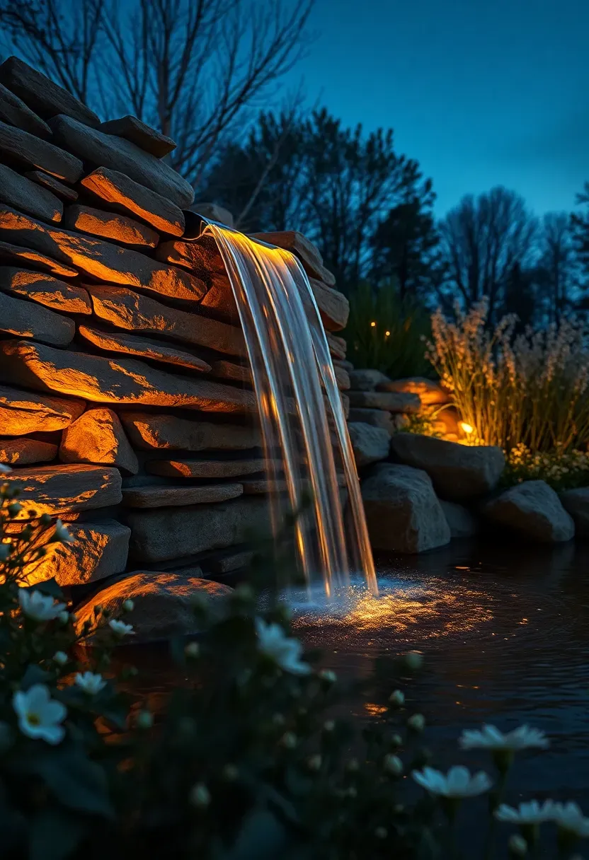 Illuminated evening waterfall garden with LED uplights casting amber glow on stacked stone waterfall, white moonflowers and silver artemisia against deep indigo sky