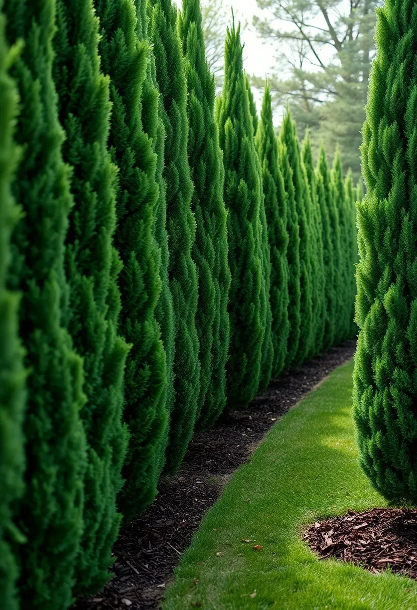 Dense row of tall green arborvitae trees forming a living privacy fence along a backyard border with mulch at the base