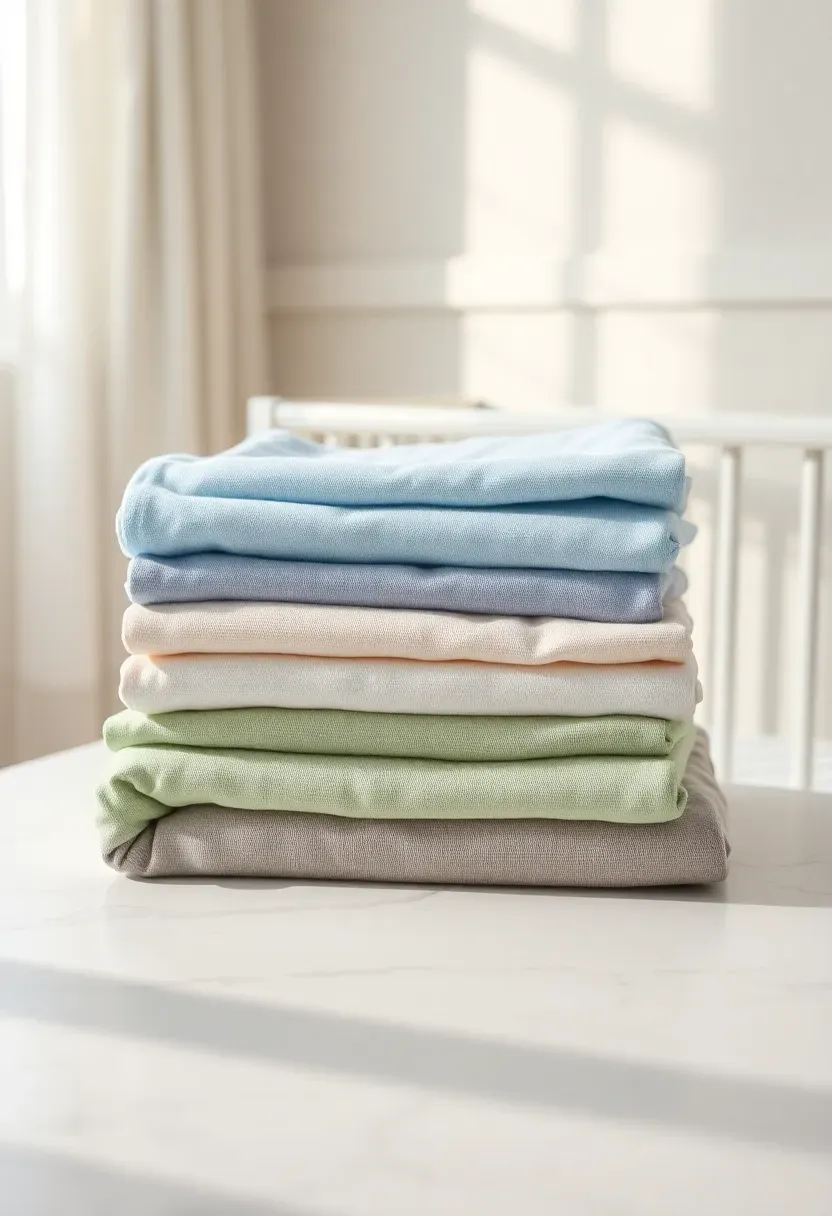 stack of folded organic cotton muslin swaddles in soft blue and sage green tones