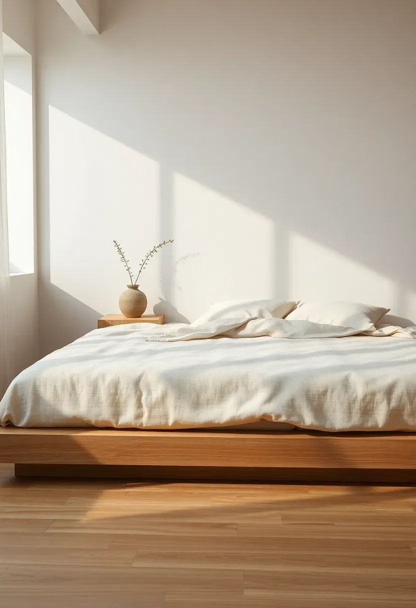 Hyper-realistic 3/4 view of a shibui minimalist bedroom with restrained elegance: low platform bed with natural linen bedding, one small bedside table with single ceramic vase containing single stem, walls in soft warm white, floor in light oak. Materials: unbleached linen with visible weave texture, natural wood grain, matte ceramic with subtle glaze variation. Soft morning light from window left creating gentle gradations of shadow and subtle color warmth. Absolutely no ornamentation, beauty derives entirely from material quality and proportion. Shallow depth of field emphasizing fabric texture. No text, no logos, no watermarks.</p>