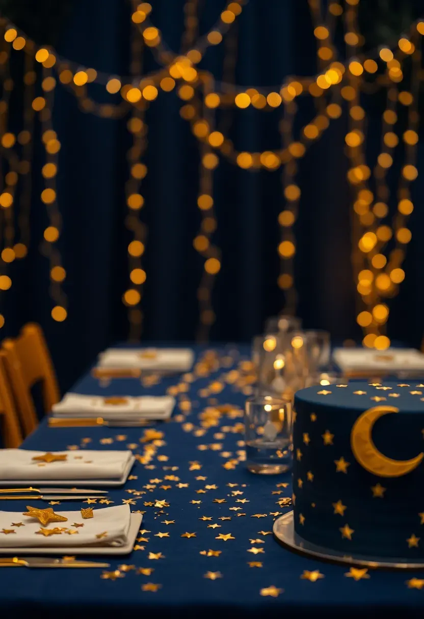twinkle twinkle little star baby shower with gold star garlands, navy tablecloths, constellation printed napkins, and twinkling string lights draped overhead