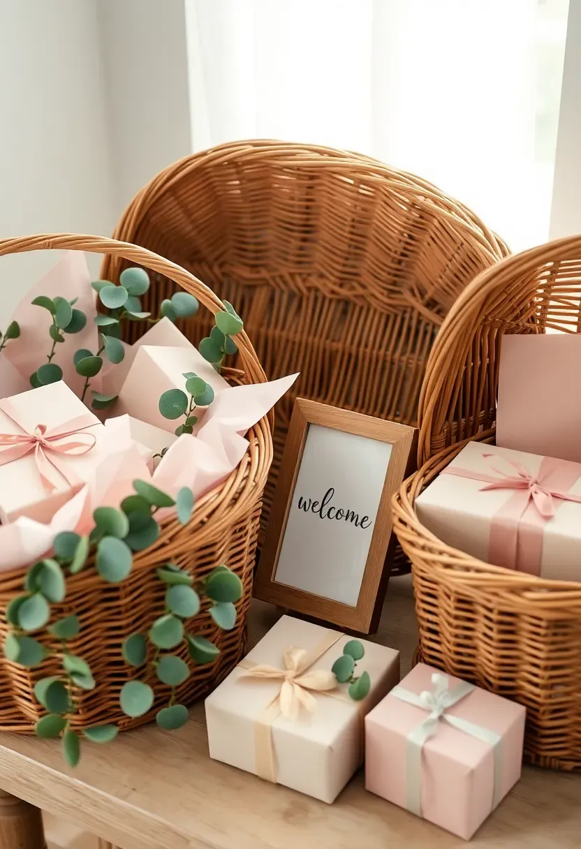 beautifully arranged wicker basket gift station with large woven baskets wrapped gifts tissue paper eucalyptus stems and a framed welcome sign