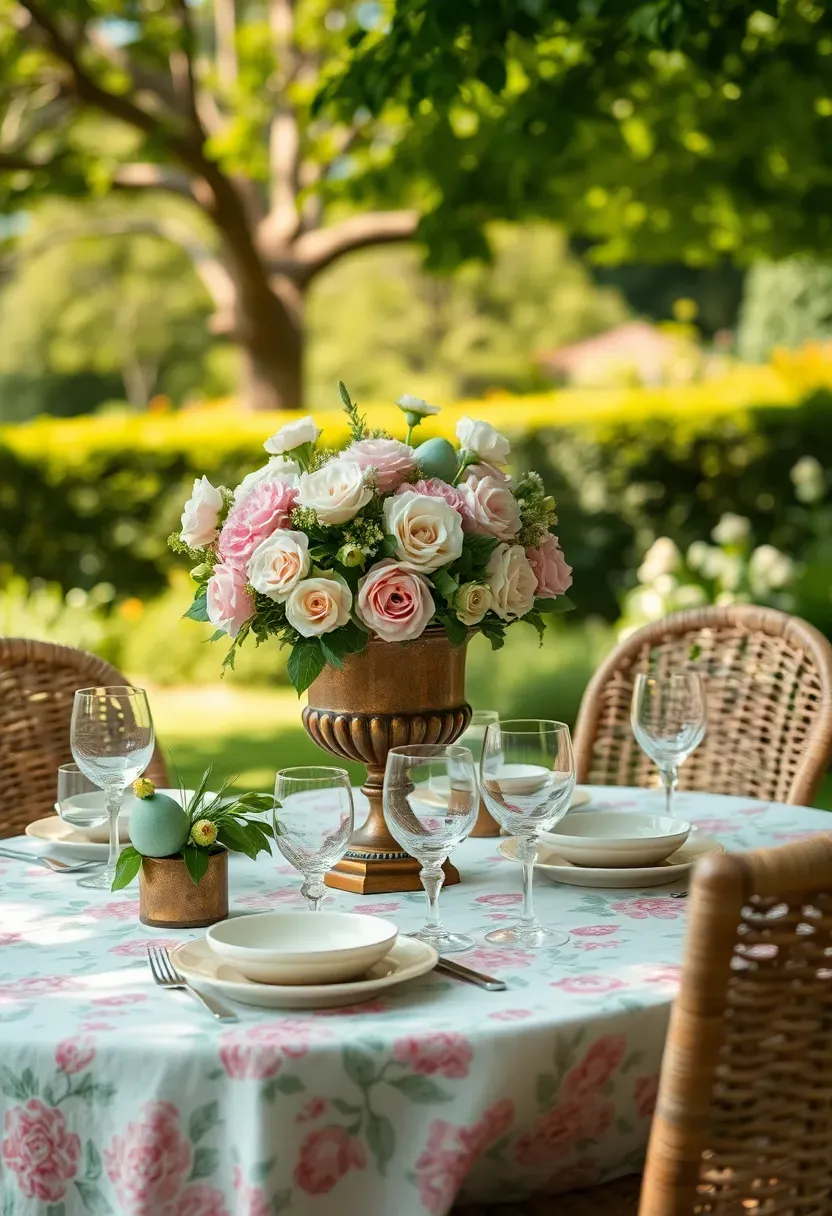 garden party Easter brunch table outdoors with wicker chairs floral tablecloth and fresh blooms