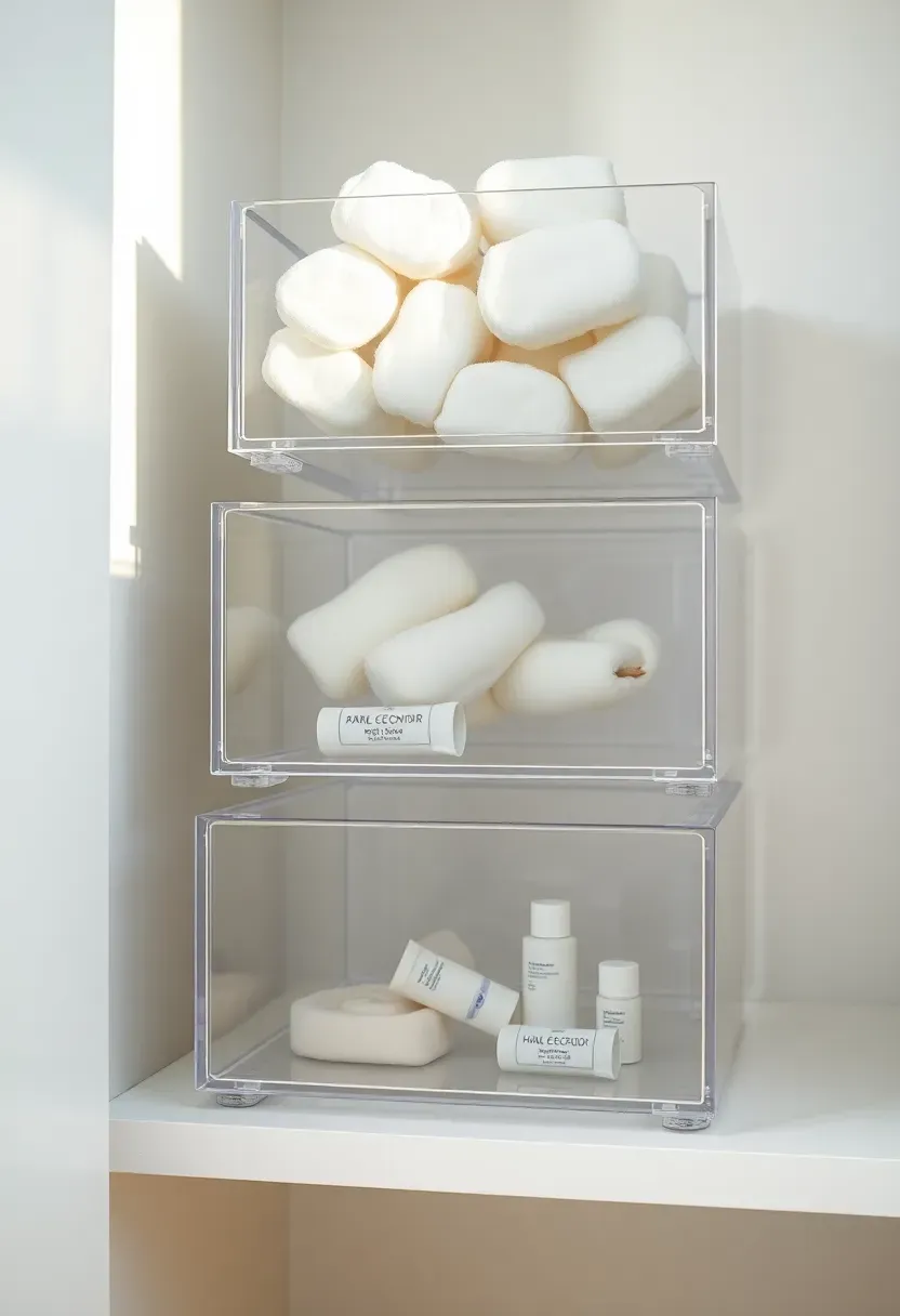 Three stacked clear acrylic drawers inside a bathroom closet holding cotton pads hair accessories and small tubes