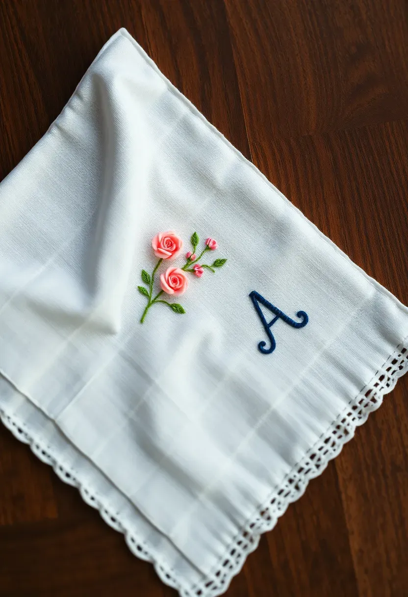 embroidered linen handkerchief with delicate floral corner design and monogram