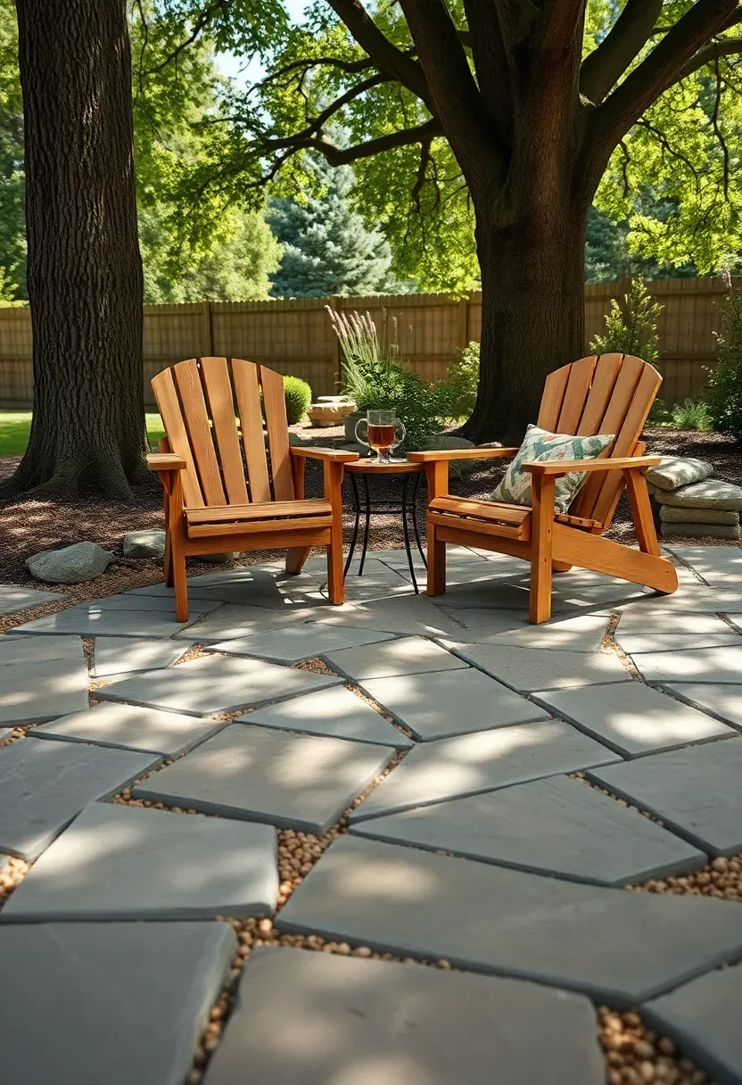Irregular flagstone pavers with pea gravel joints on a shaded backyard patio with Adirondack chairs