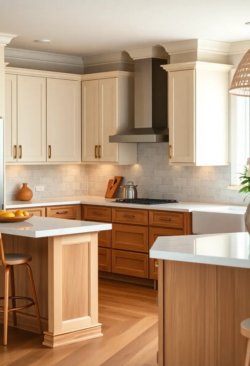 Hyper-realistic 3/4 view of a neutral kitchen with two-tone cabinetry—cream upper cabinets and warm taupe lower cabinets. Materials: painted cream and taupe shaker cabinets, warm white oak island, honed quartz countertops with subtle warm veining, warm gray ceramic tile backsplash, brass hardware, warm oak flooring. Soft natural light from windows, warm under-cabinet lighting. Visible kitchen island with contrasting wood base and cream barstools. Balanced contemporary mood. Shallow depth of field showing cabinet contrast, sharp hardware details. No text, no logos, no watermarks.</p>
